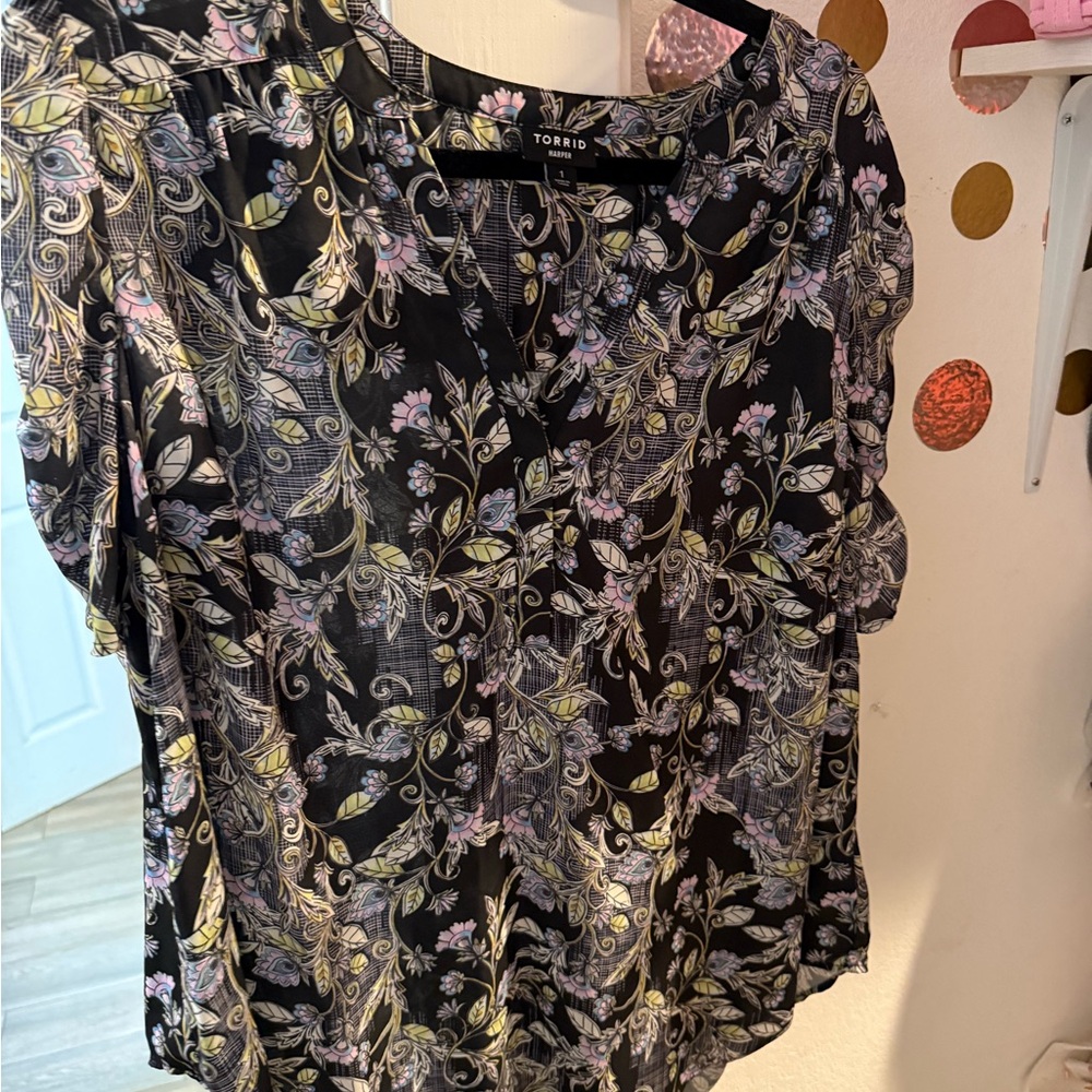Torrid Black and Purple Floral Blouse